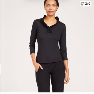 J. McLaughlin Black Ruffled Henley Long-Sleeve Top